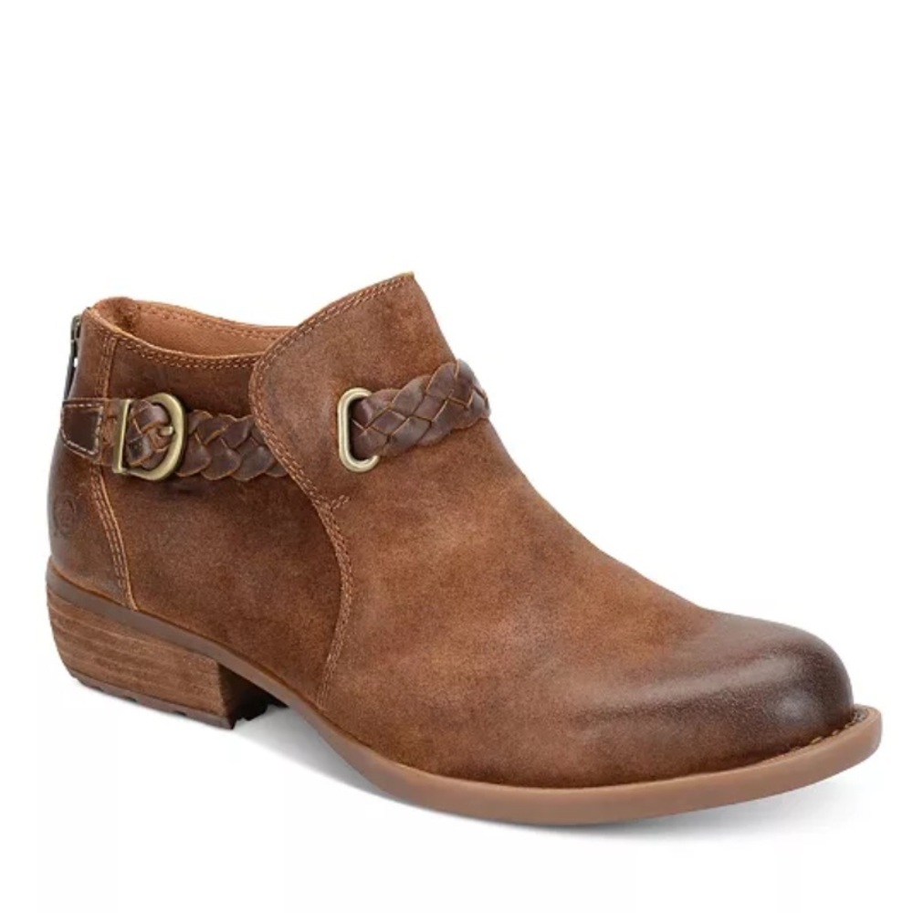 Born Sylvia Suede Leather Boots Beaded Ankle Strap Tobacco Combo 8.5 M Camel